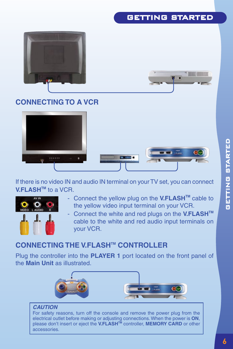 Getting started, Connecting to a vcr, Connecting the v.flash | Controller, Getting st ar ted | VTech Home Edutainment System User Manual | Page 9 / 20