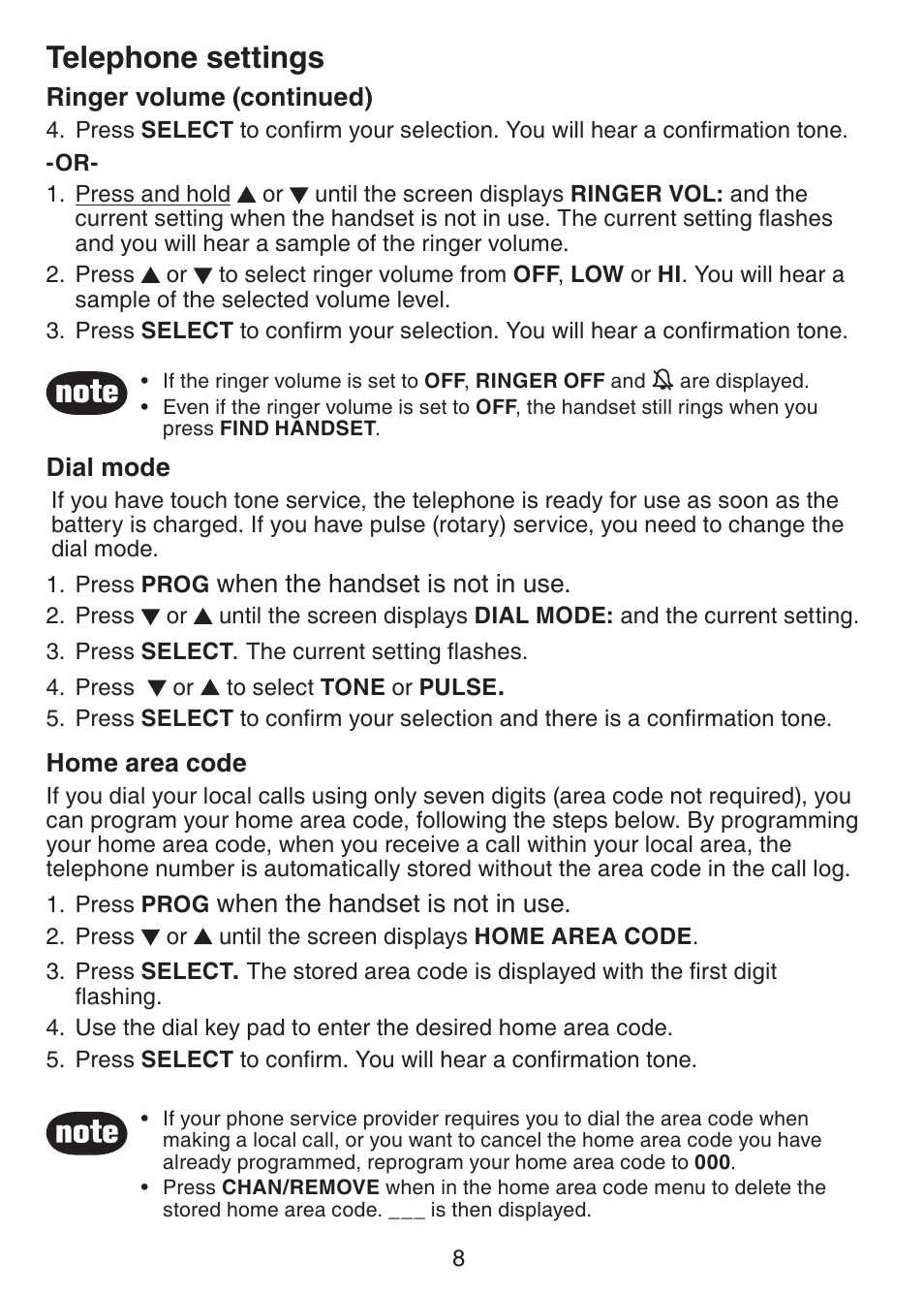 Telephone settings | VTech CS5113 User Manual | Page 10 / 39