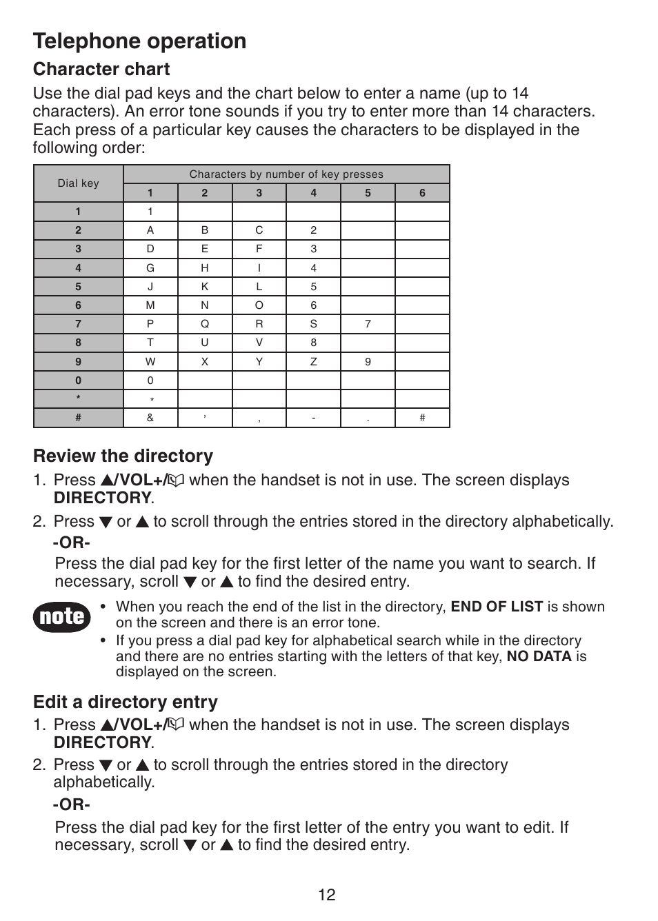 Telephone operation, Character chart, Review the directory | Edit a directory entry | VTech CS5113 User Manual | Page 14 / 39