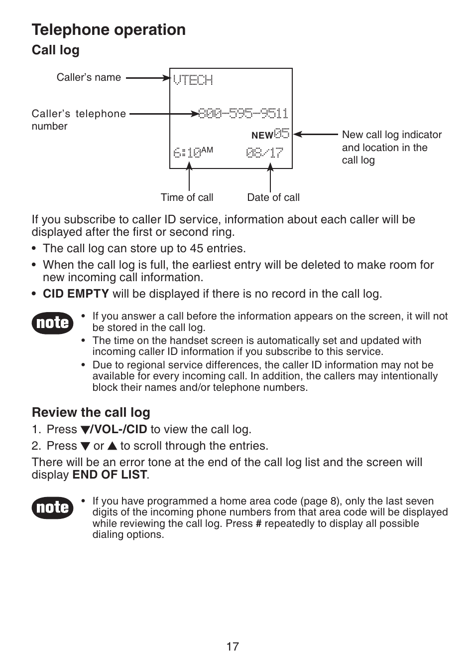 Telephone operation, Call log, Review the call log | VTech CS5113 User Manual | Page 19 / 39