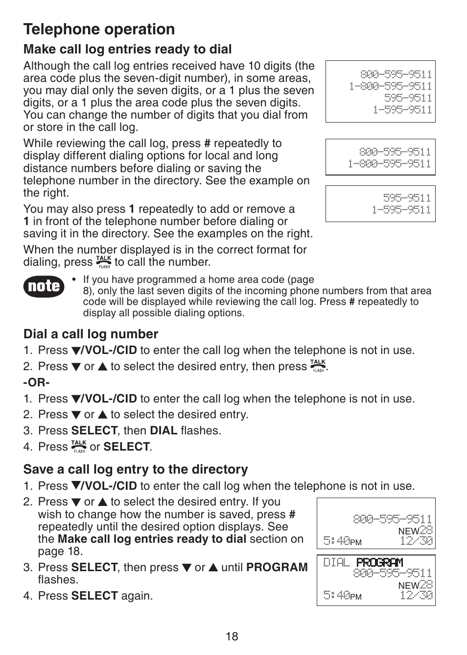 Telephone operation, Make call log entries ready to dial, Dial a call log number | Save a call log entry to the directory | VTech CS5113 User Manual | Page 20 / 39