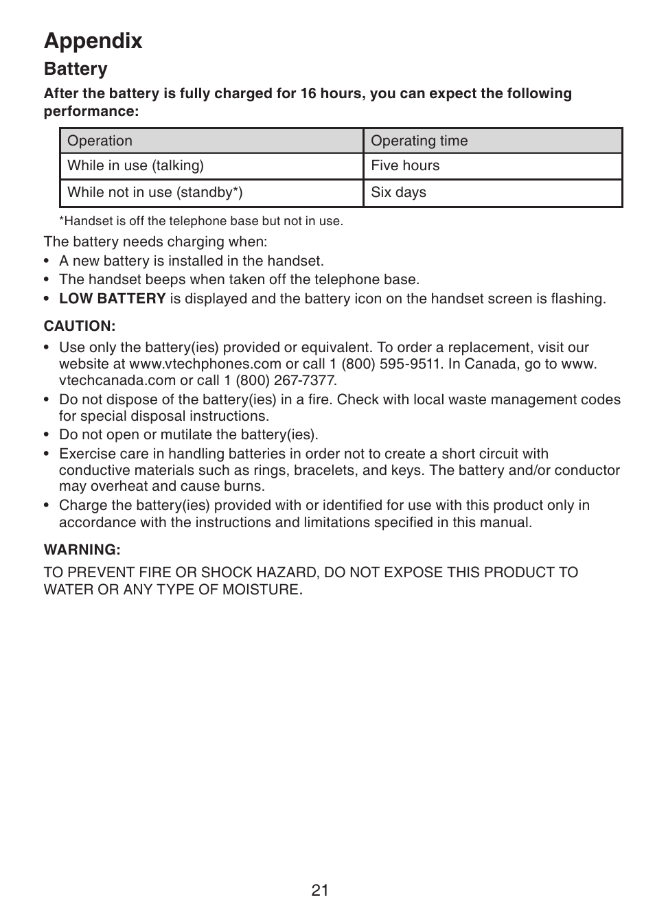 Appendix, Battery | VTech CS5113 User Manual | Page 23 / 39