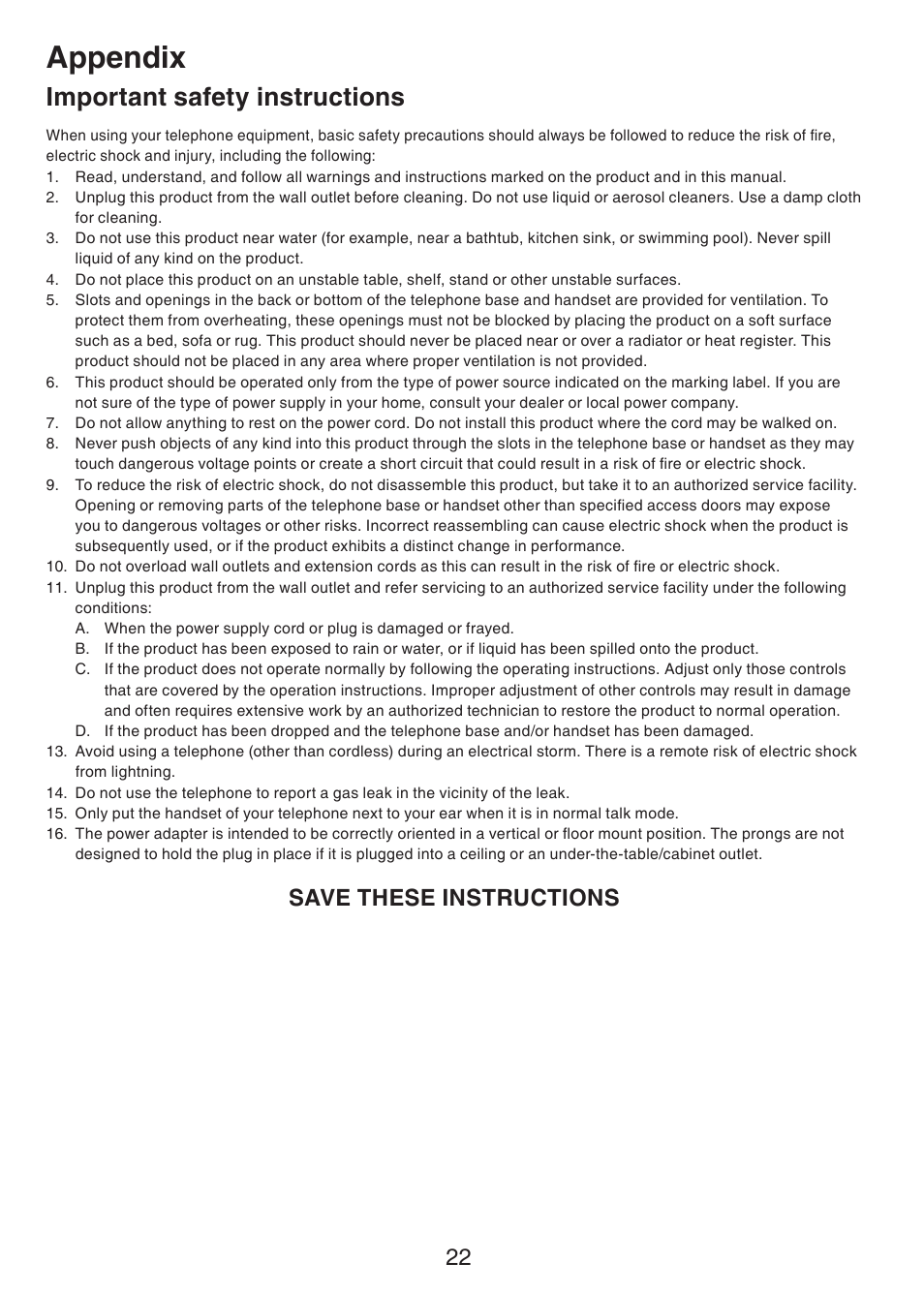 Appendix, Important safety instructions, Save these instructions | VTech CS5113 User Manual | Page 24 / 39