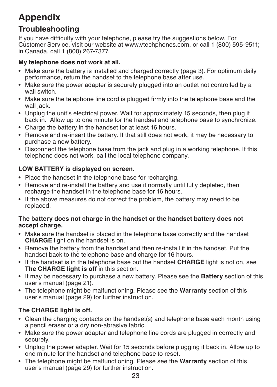 Appendix, Troubleshooting | VTech CS5113 User Manual | Page 25 / 39