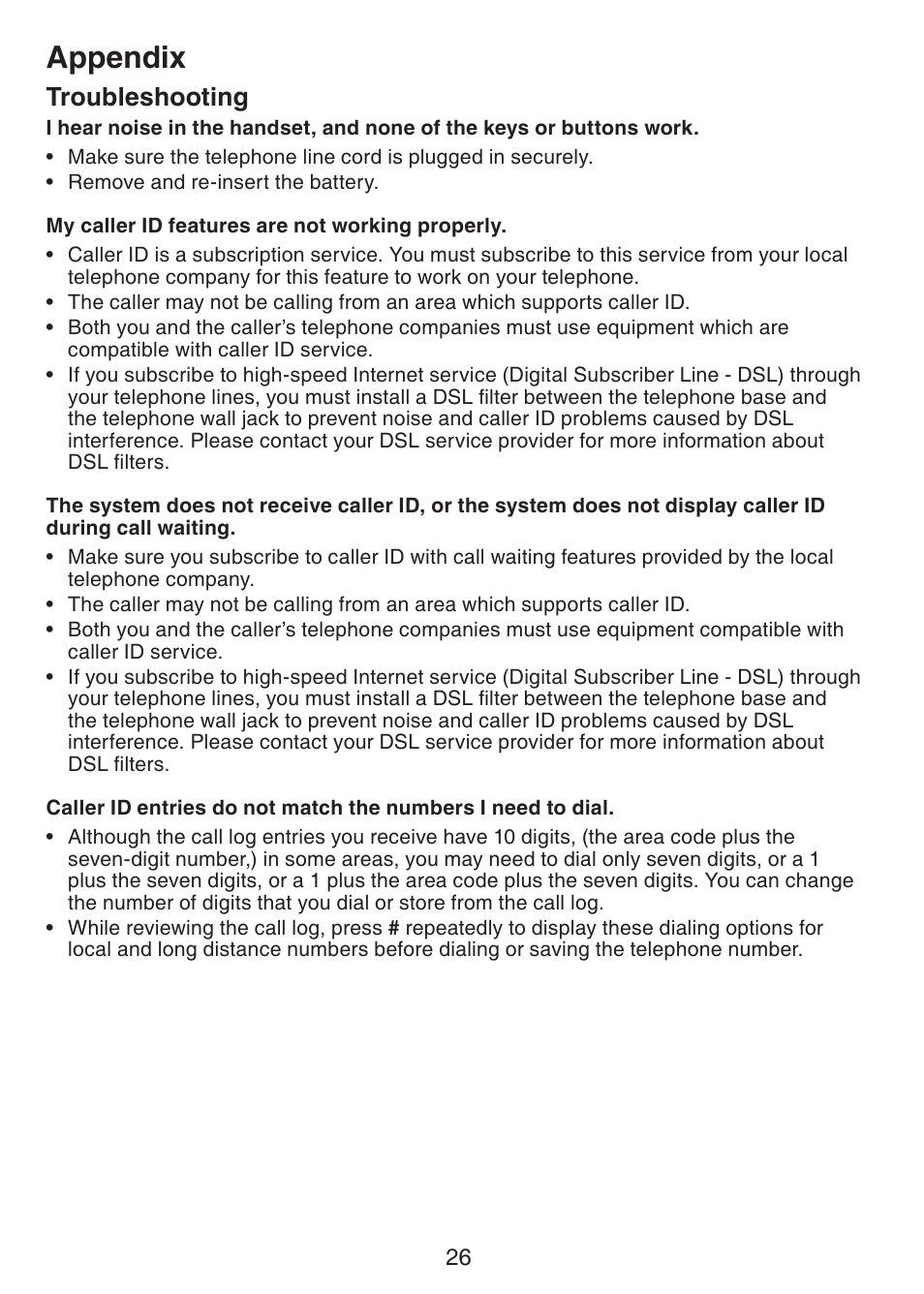 Appendix, Troubleshooting | VTech CS5113 User Manual | Page 28 / 39