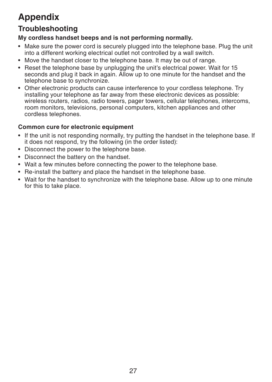 Appendix, Troubleshooting | VTech CS5113 User Manual | Page 29 / 39