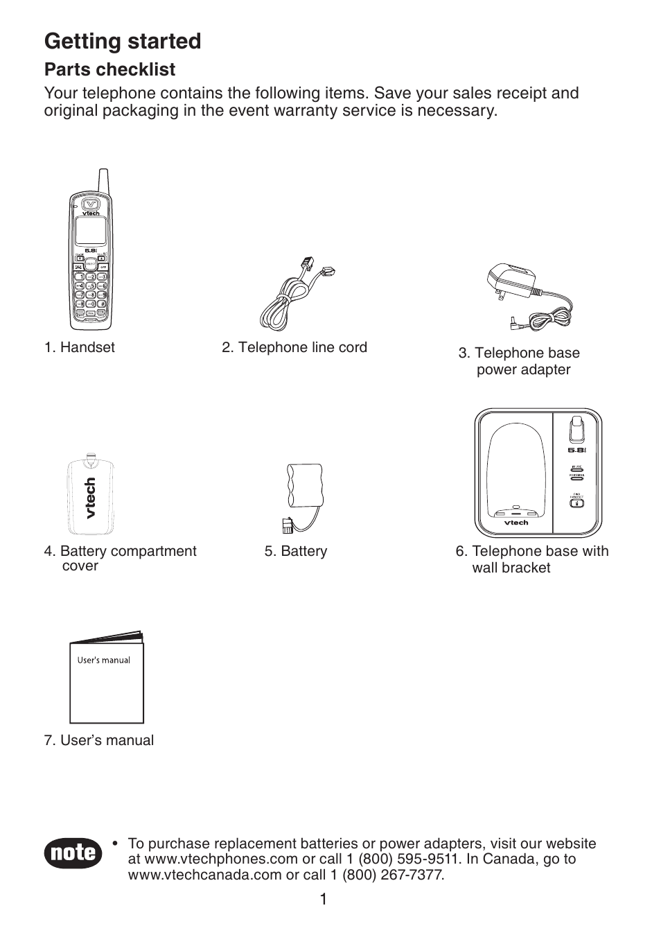 Getting started, Parts checklist | VTech CS5113 User Manual | Page 3 / 39