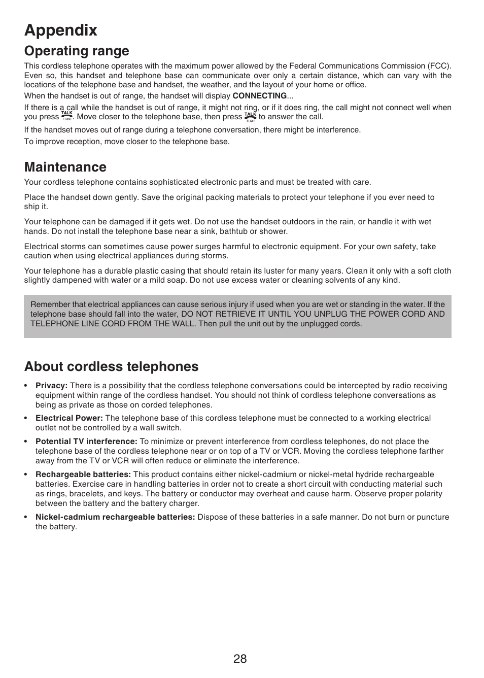 Appendix, Operating range, Maintenance | About cordless telephones | VTech CS5113 User Manual | Page 30 / 39