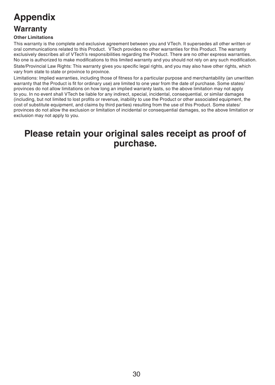 Appendix, Warranty | VTech CS5113 User Manual | Page 32 / 39