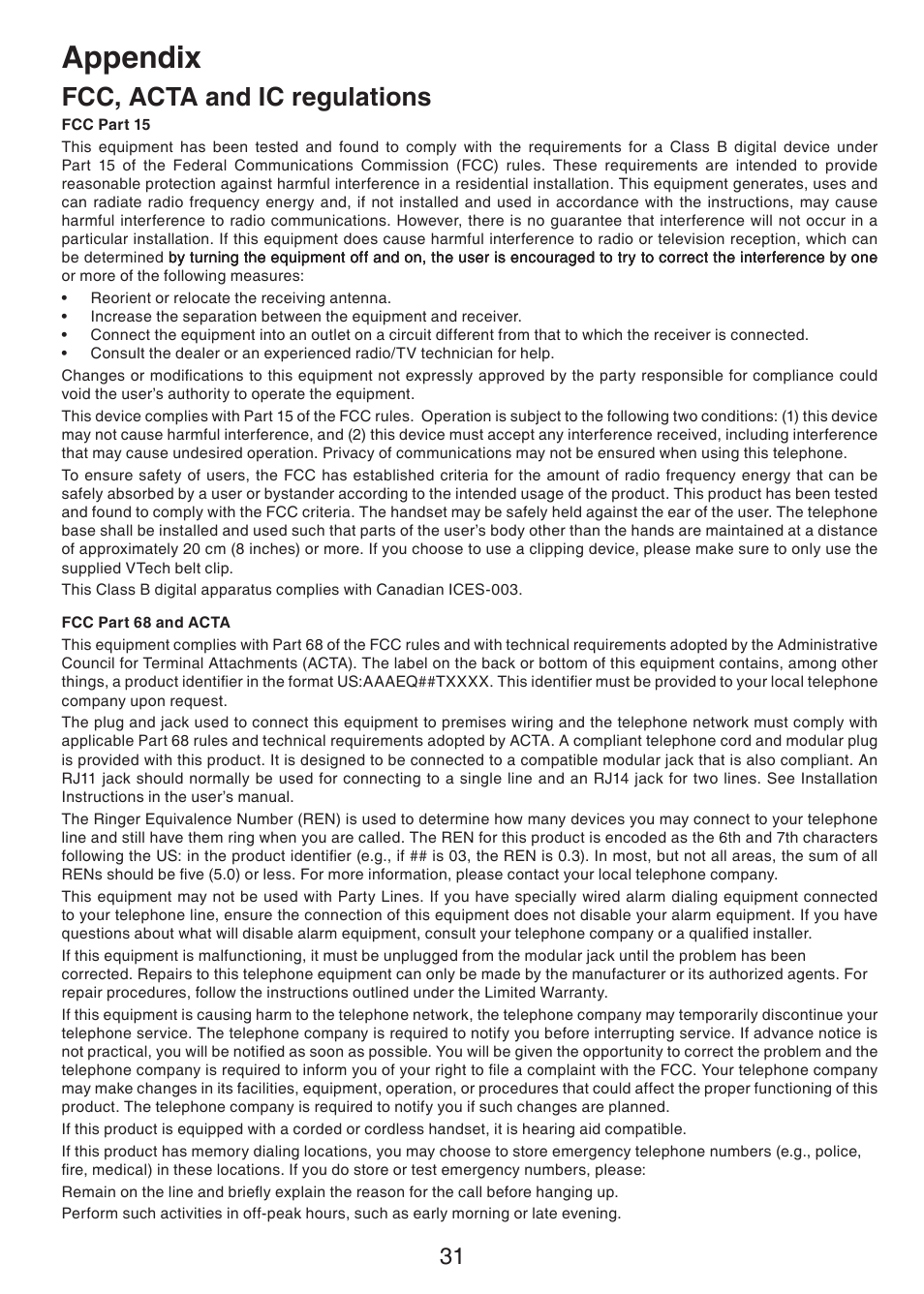 Appendix, Fcc, acta and ic regulations | VTech CS5113 User Manual | Page 33 / 39