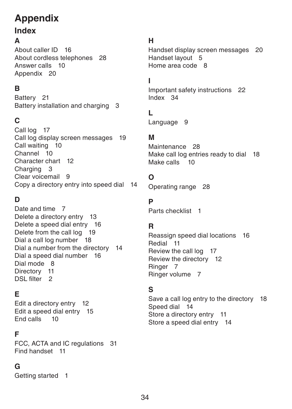 Appendix, Index | VTech CS5113 User Manual | Page 36 / 39