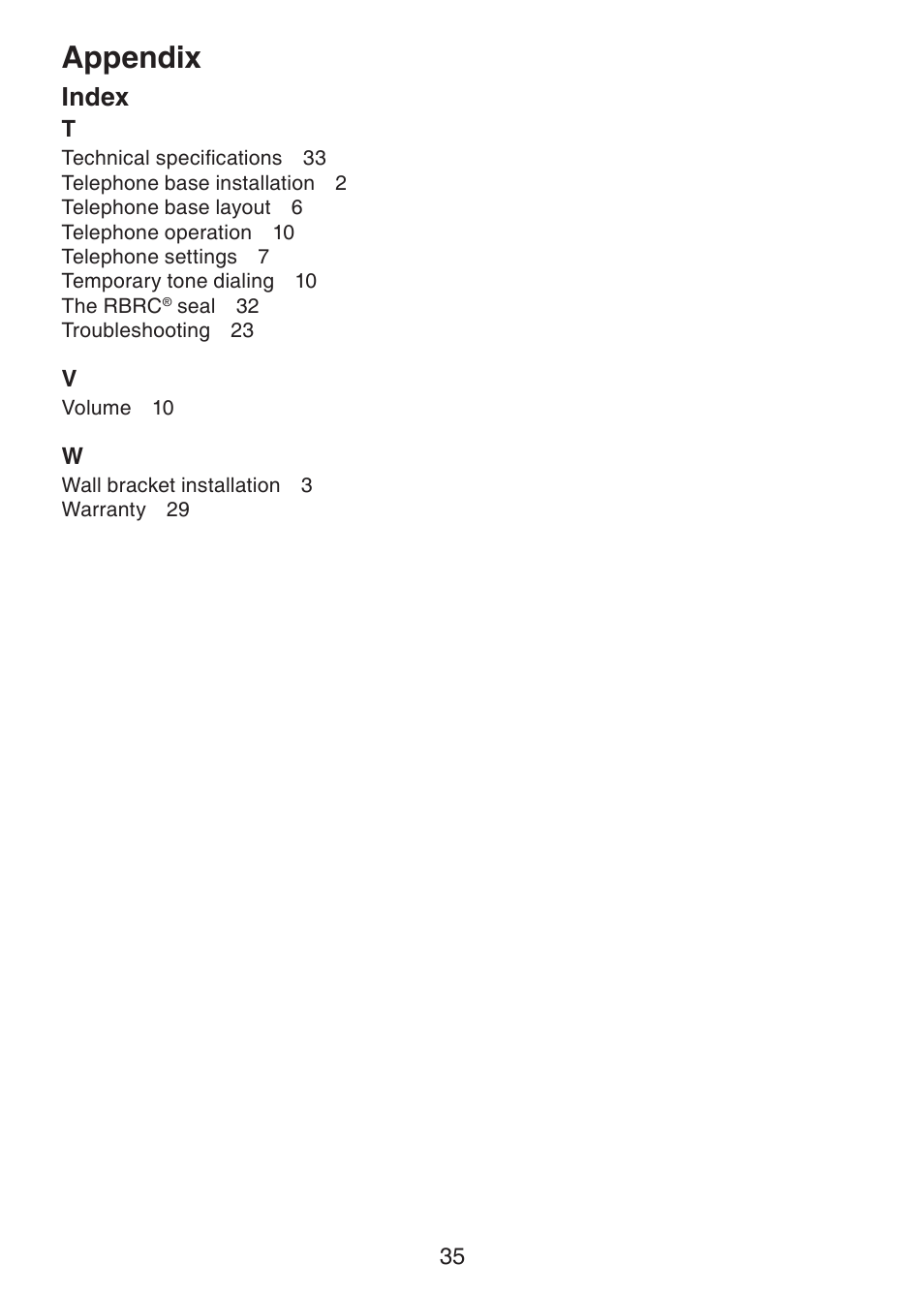 Appendix, Index | VTech CS5113 User Manual | Page 37 / 39