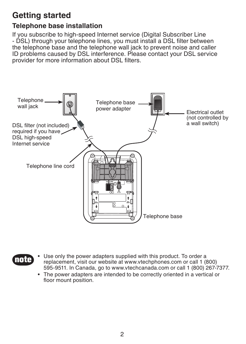 Getting started, Telephone base installation | VTech CS5113 User Manual | Page 4 / 39