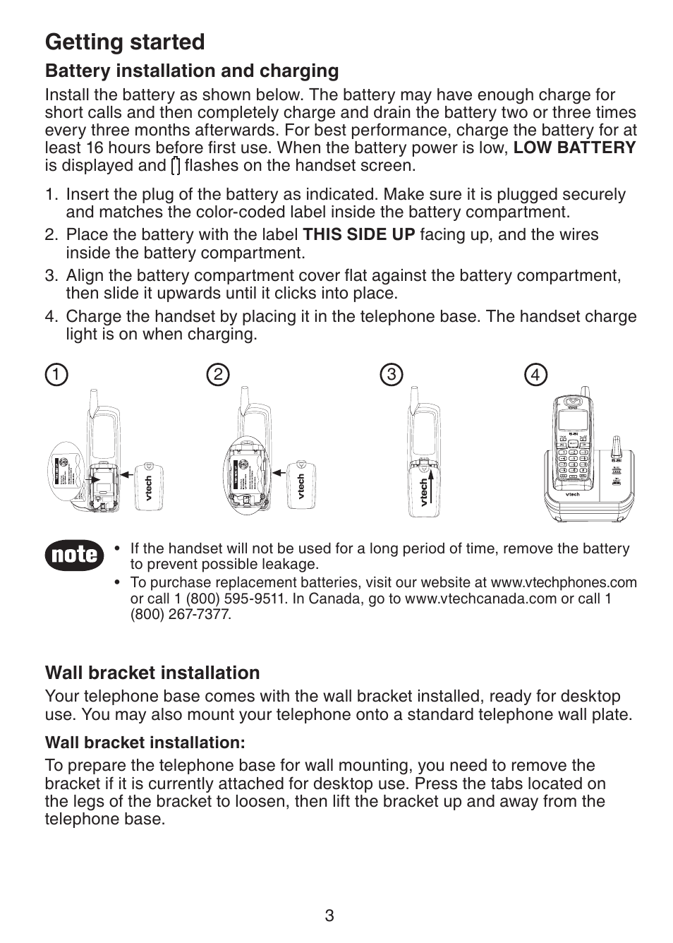 Getting started, Battery installation and charging, Wall bracket installation | VTech CS5113 User Manual | Page 5 / 39