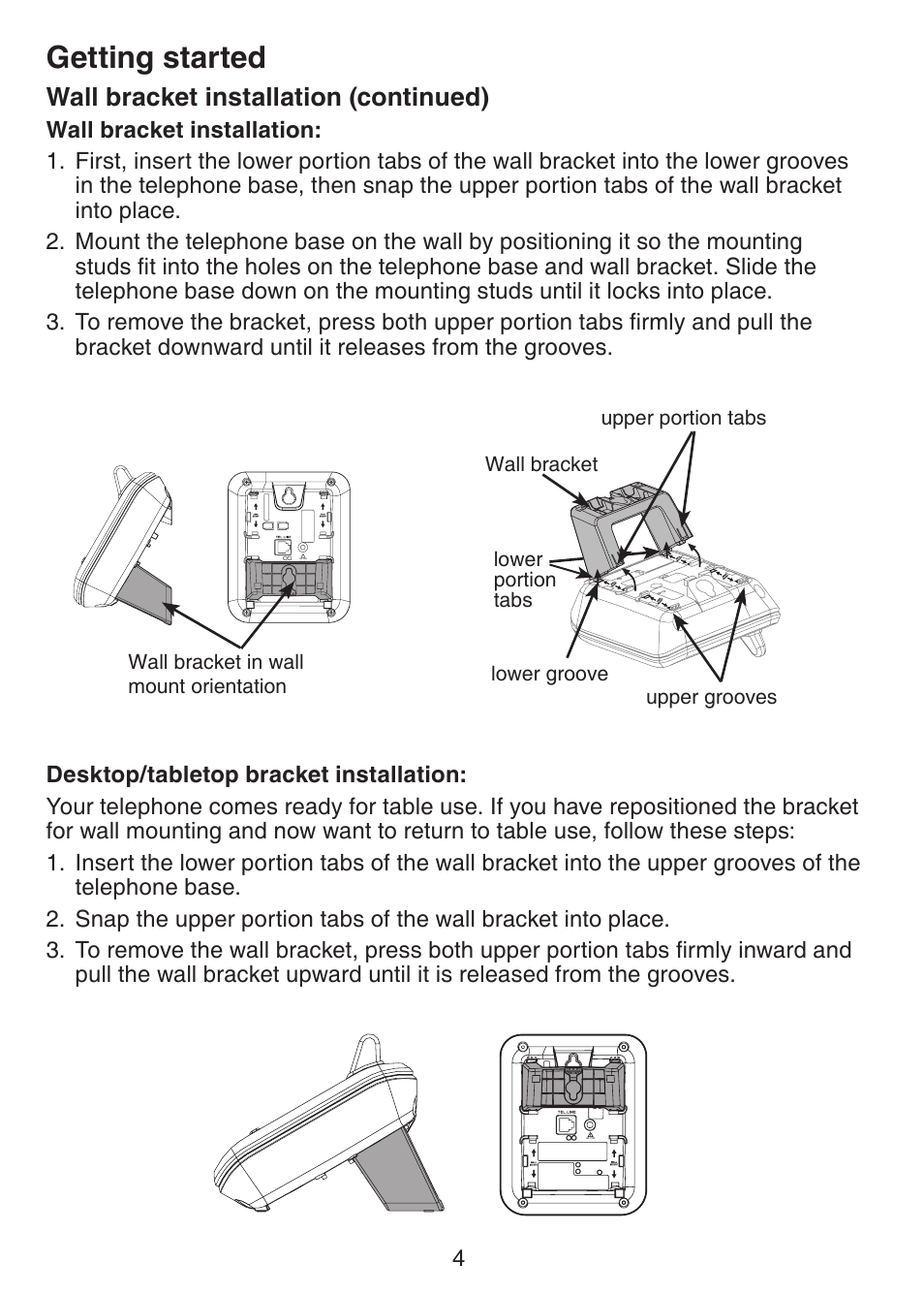 Getting started, Wall bracket installation (continued) | VTech CS5113 User Manual | Page 6 / 39