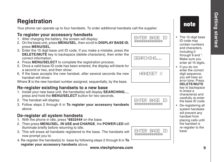 Registration, Gett in g s ta rte d, Re-register existing handsets to a new base | De-register all system handsets | VTech VT5875 User Manual | Page 10 / 54