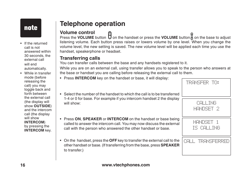 Telephone operation, Volume control, Transferring calls | VTech VT5875 User Manual | Page 17 / 54