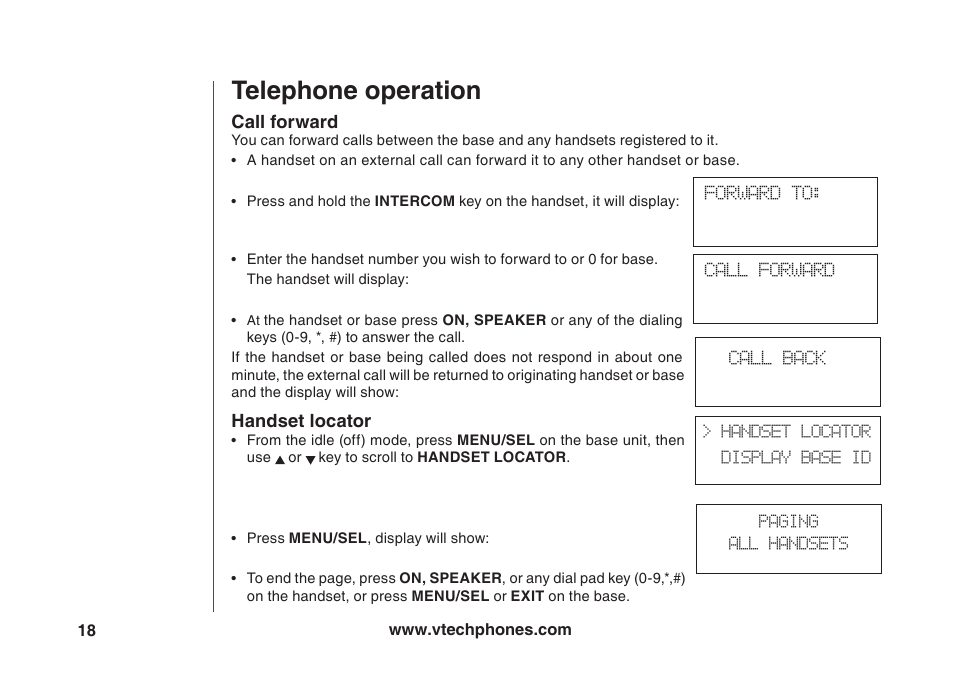 Telephone operation, Call forward, Handset locator | VTech VT5875 User Manual | Page 19 / 54