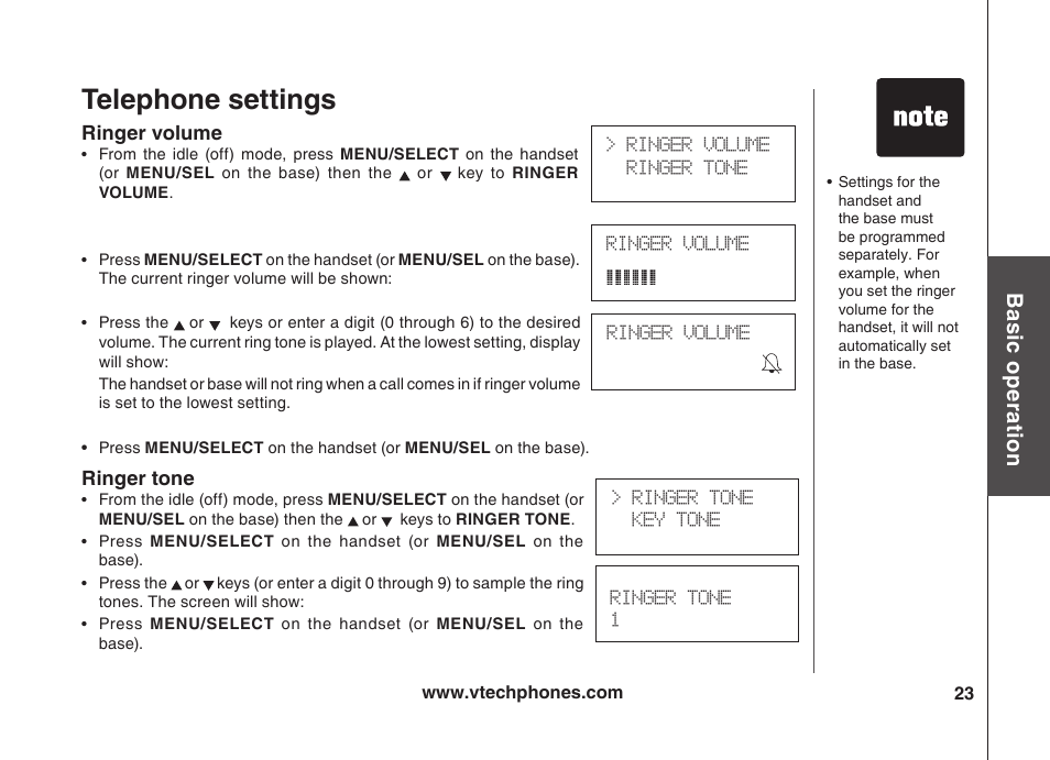 Telephone settings, Bas ic o pe ra tio n | VTech VT5875 User Manual | Page 24 / 54