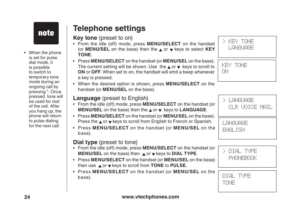 Telephone settings, Key tone (preset to on), Language (preset to english) | Dial type (preset to tone) | VTech VT5875 User Manual | Page 25 / 54