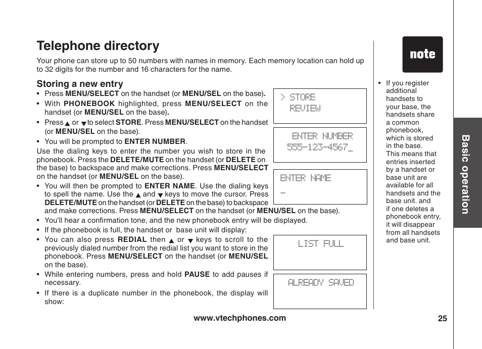 Telephone directory, Bas ic o pe ra tio n | VTech VT5875 User Manual | Page 26 / 54