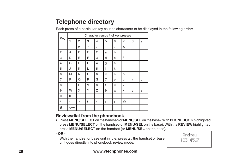 Telephone directory, Review/dial from the phonebook | VTech VT5875 User Manual | Page 27 / 54