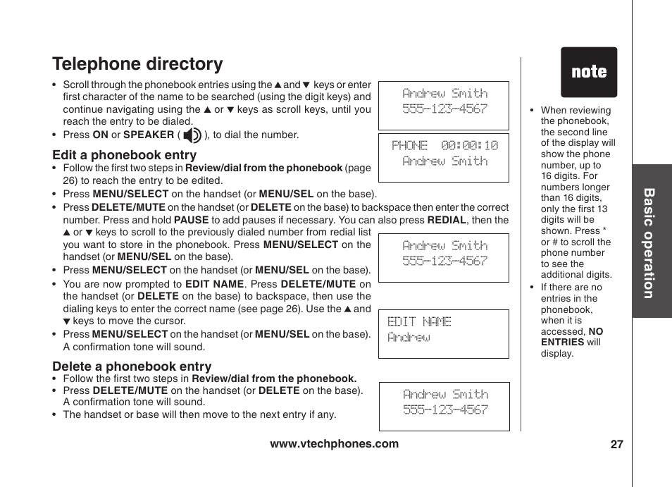 Telephone directory, Bas ic o pe ra tio n, Edit a phonebook entry | Delete a phonebook entry | VTech VT5875 User Manual | Page 28 / 54