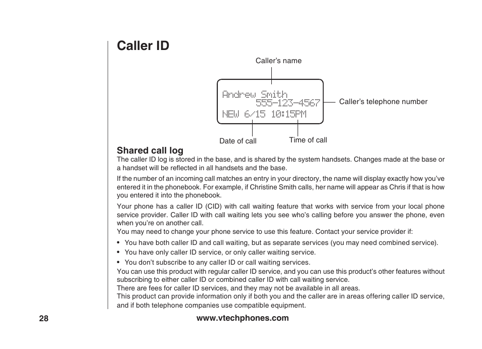 Caller id, Shared call log | VTech VT5875 User Manual | Page 29 / 54