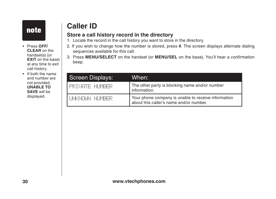 Caller id, Screen displays: when | VTech VT5875 User Manual | Page 31 / 54