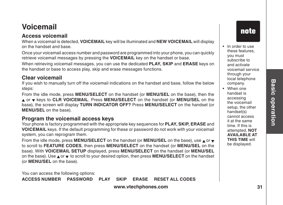 Voicemail, Bas ic o pe ra tio n | VTech VT5875 User Manual | Page 32 / 54