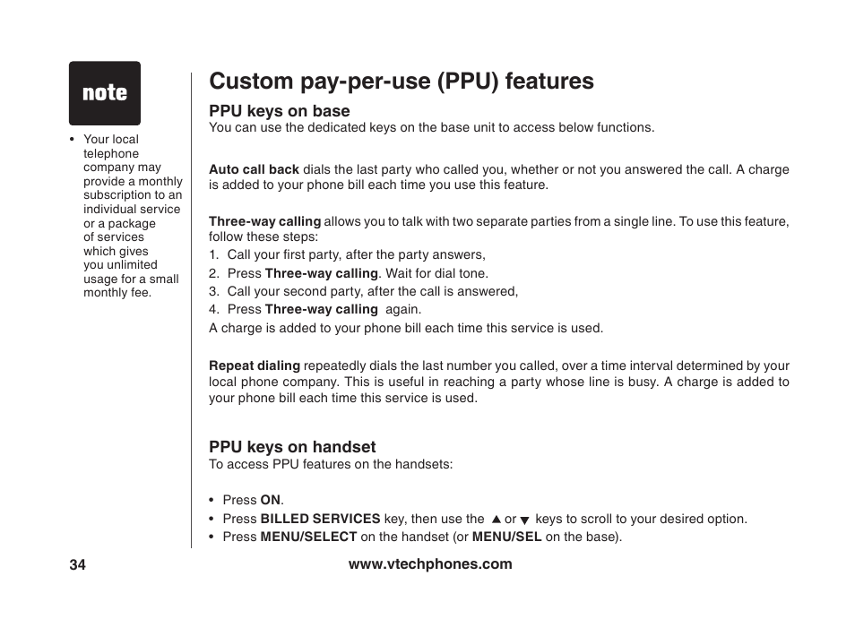 Custom pay-per-use (ppu) features, Ppu keys on base, Ppu keys on handset | VTech VT5875 User Manual | Page 35 / 54