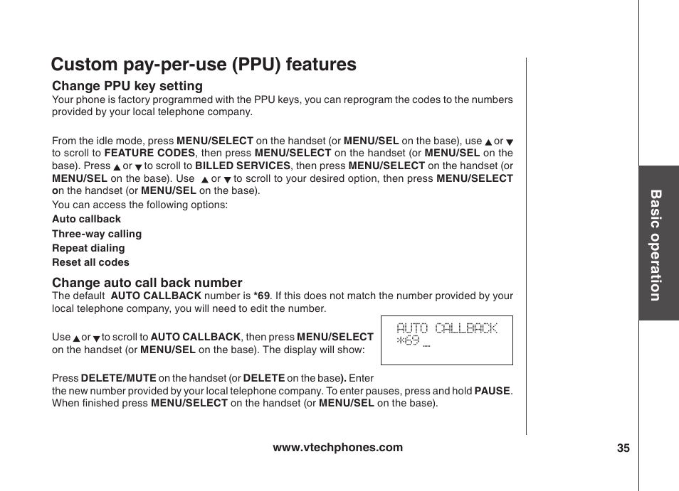 Custom pay-per-use (ppu) features, Bas ic o pe ra tio n | VTech VT5875 User Manual | Page 36 / 54