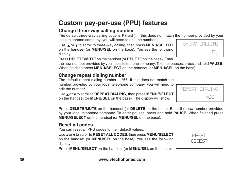 Custom pay-per-use (ppu) features, Change three-way calling number, Change repeat dialing number | Reset all codes | VTech VT5875 User Manual | Page 37 / 54