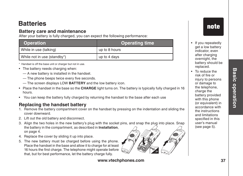 Batteries, Bas ic o pe ra tio n | VTech VT5875 User Manual | Page 38 / 54