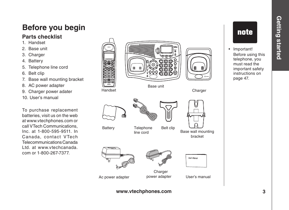 Before you begin, Gett in g s ta rte d | VTech VT5875 User Manual | Page 4 / 54