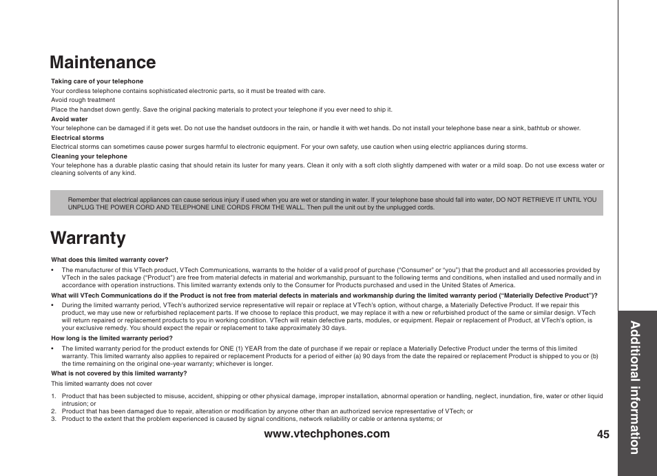 Maintenance warranty, Additional information | VTech VT5875 User Manual | Page 46 / 54