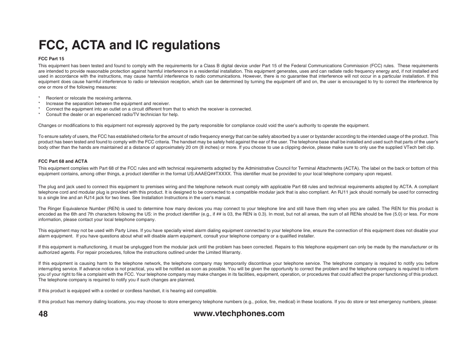 Fcc, acta and ic regulations | VTech VT5875 User Manual | Page 49 / 54