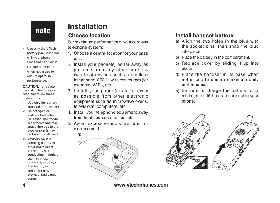 Installation, Install handset battery, Choose location | VTech VT5875 User Manual | Page 5 / 54