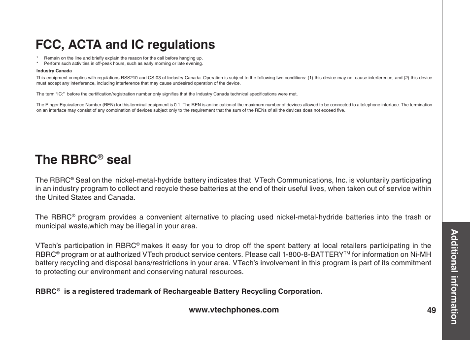 Fcc, acta and ic regulations, The rbrc, Seal | Additional information | VTech VT5875 User Manual | Page 50 / 54