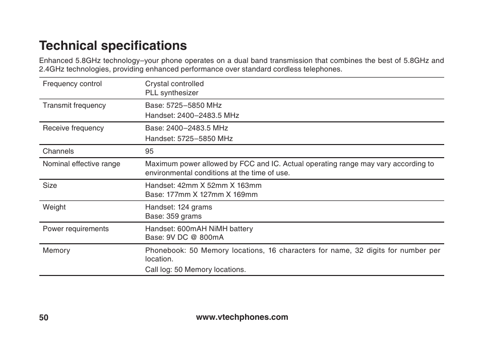 Technical specifications | VTech VT5875 User Manual | Page 51 / 54