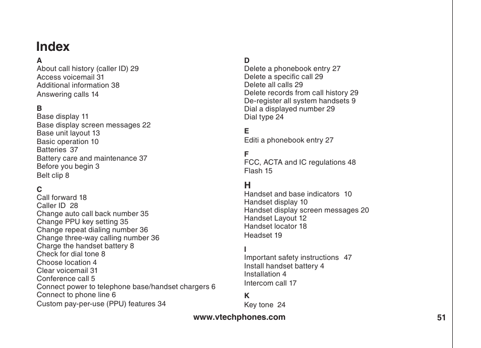 Index | VTech VT5875 User Manual | Page 52 / 54