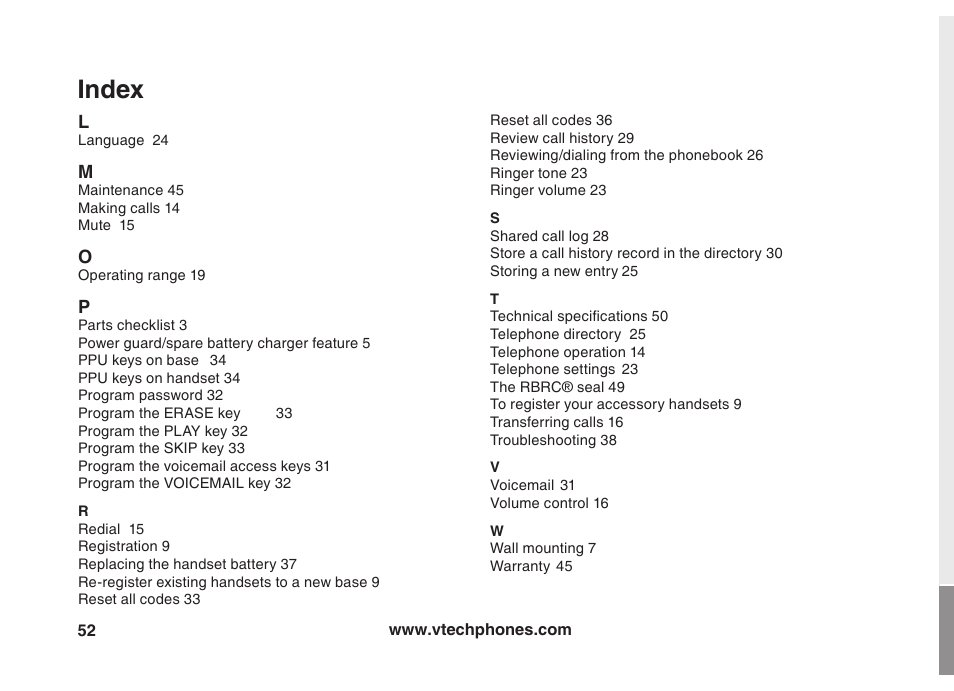 Index | VTech VT5875 User Manual | Page 53 / 54