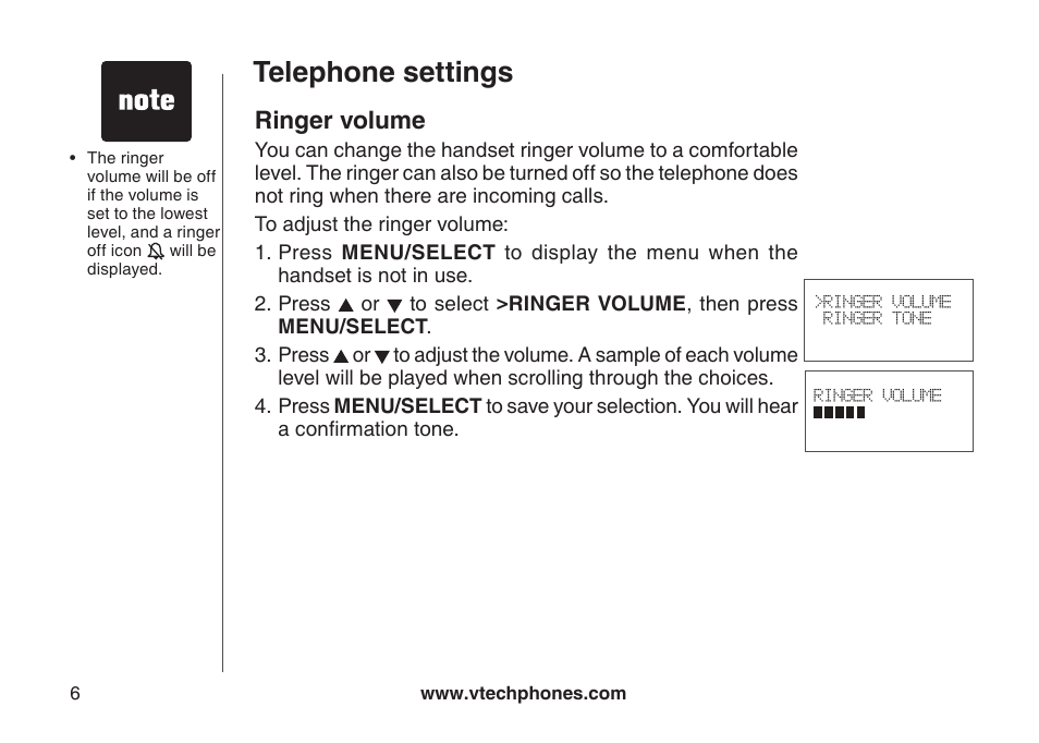 Telephone settings, Ringer volume | VTech LS6115-3 User Manual | Page 10 / 59