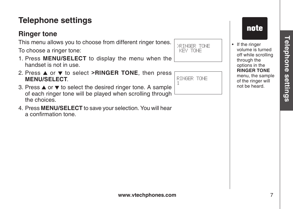 Ringer volume, Telephone settings, Te le ph on e s ett in gs | Ringer tone | VTech LS6115-3 User Manual | Page 11 / 59