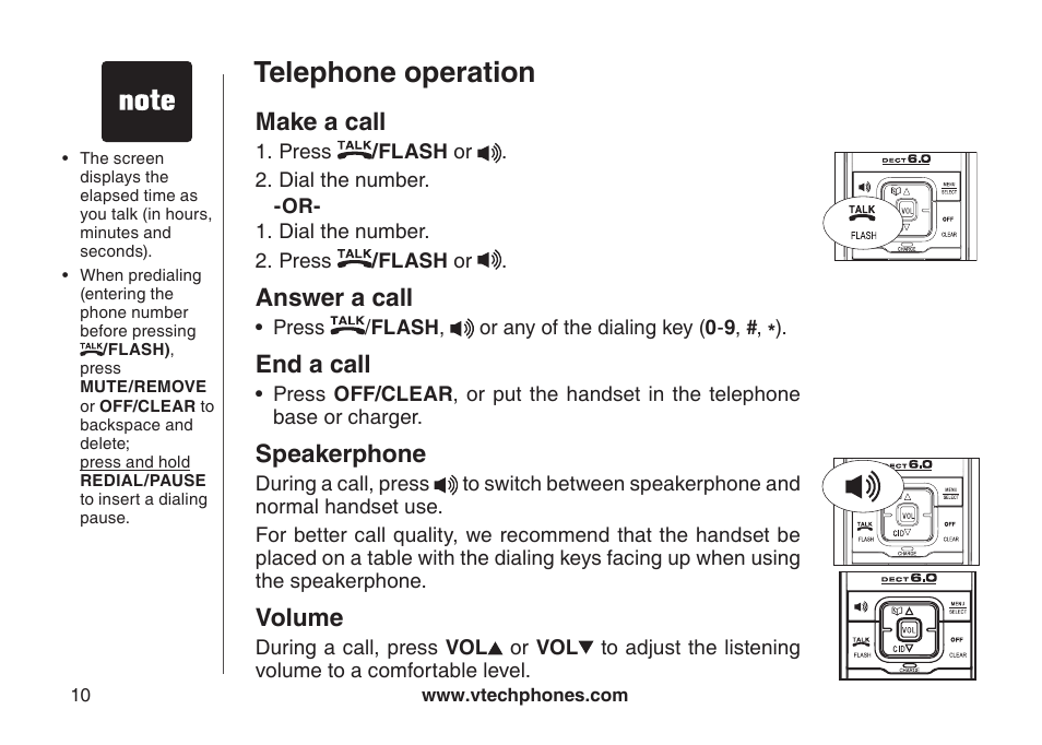 Clear voice mail, Telephone operation, Make a call | Answer a call, End a call, Speakerphone, Volume | VTech LS6115-3 User Manual | Page 14 / 59