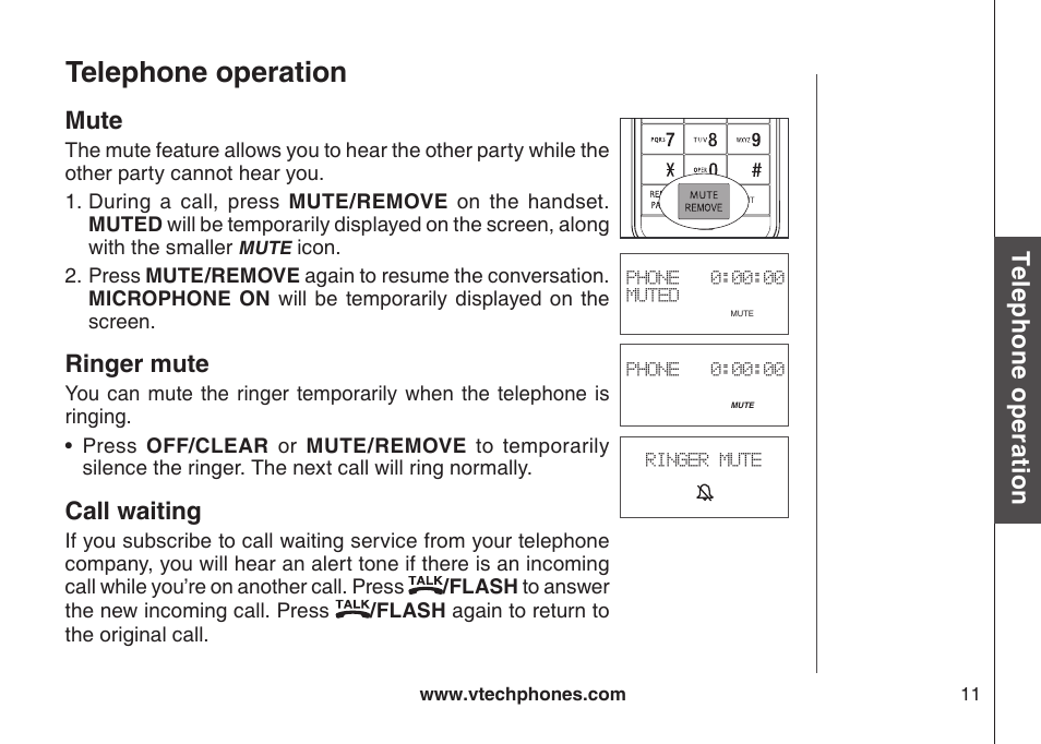 Make a call answer a call end a call speakerphone, Telephone operation, Te le ph on e o pe ra tio n | Mute, Ringer mute, Call waiting | VTech LS6115-3 User Manual | Page 15 / 59