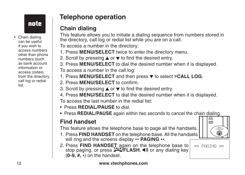 Mute ringer mute call waiting, Telephone operation, Chain dialing | Find handset | VTech LS6115-3 User Manual | Page 16 / 59