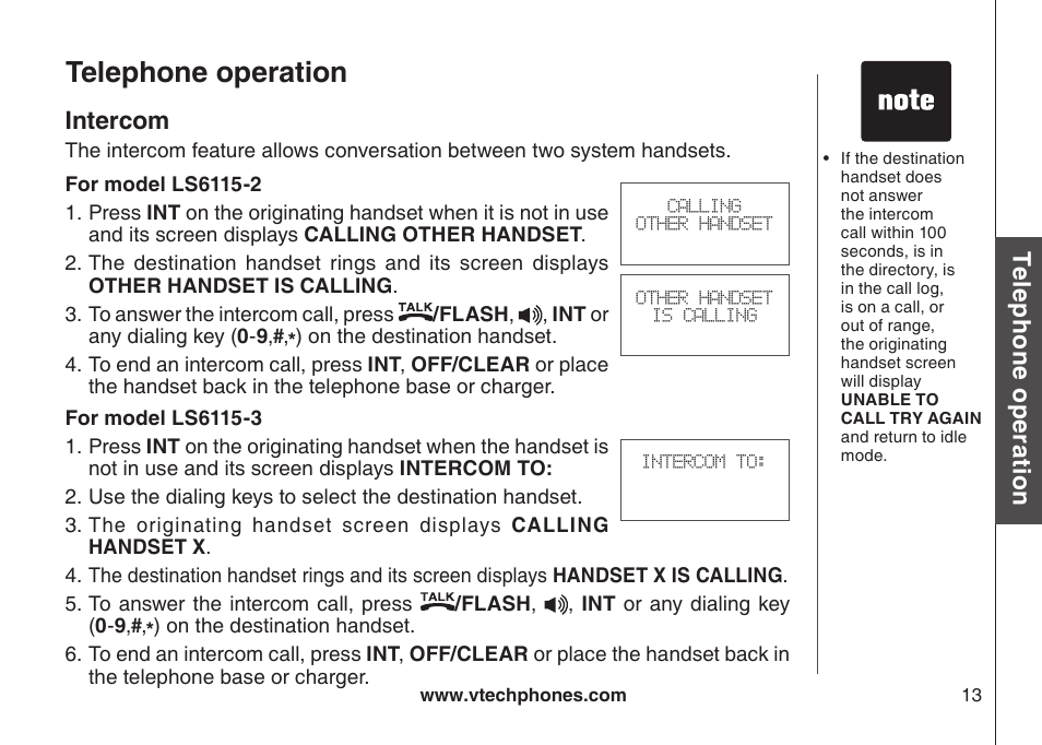 Find handset, Telephone operation, Te le ph on e o pe ra tio n | Intercom | VTech LS6115-3 User Manual | Page 17 / 59
