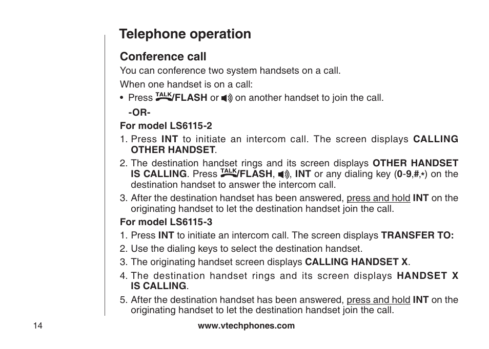 Intercom, Telephone operation, Conference call | VTech LS6115-3 User Manual | Page 18 / 59