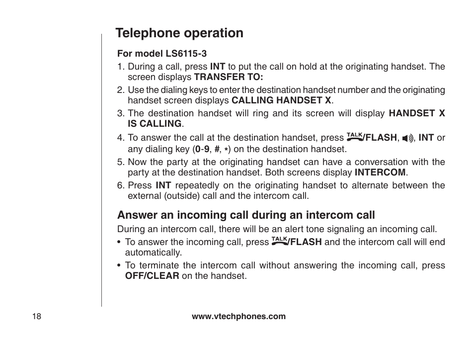 Telephone operation, Answer an incoming call during an intercom call | VTech LS6115-3 User Manual | Page 22 / 59